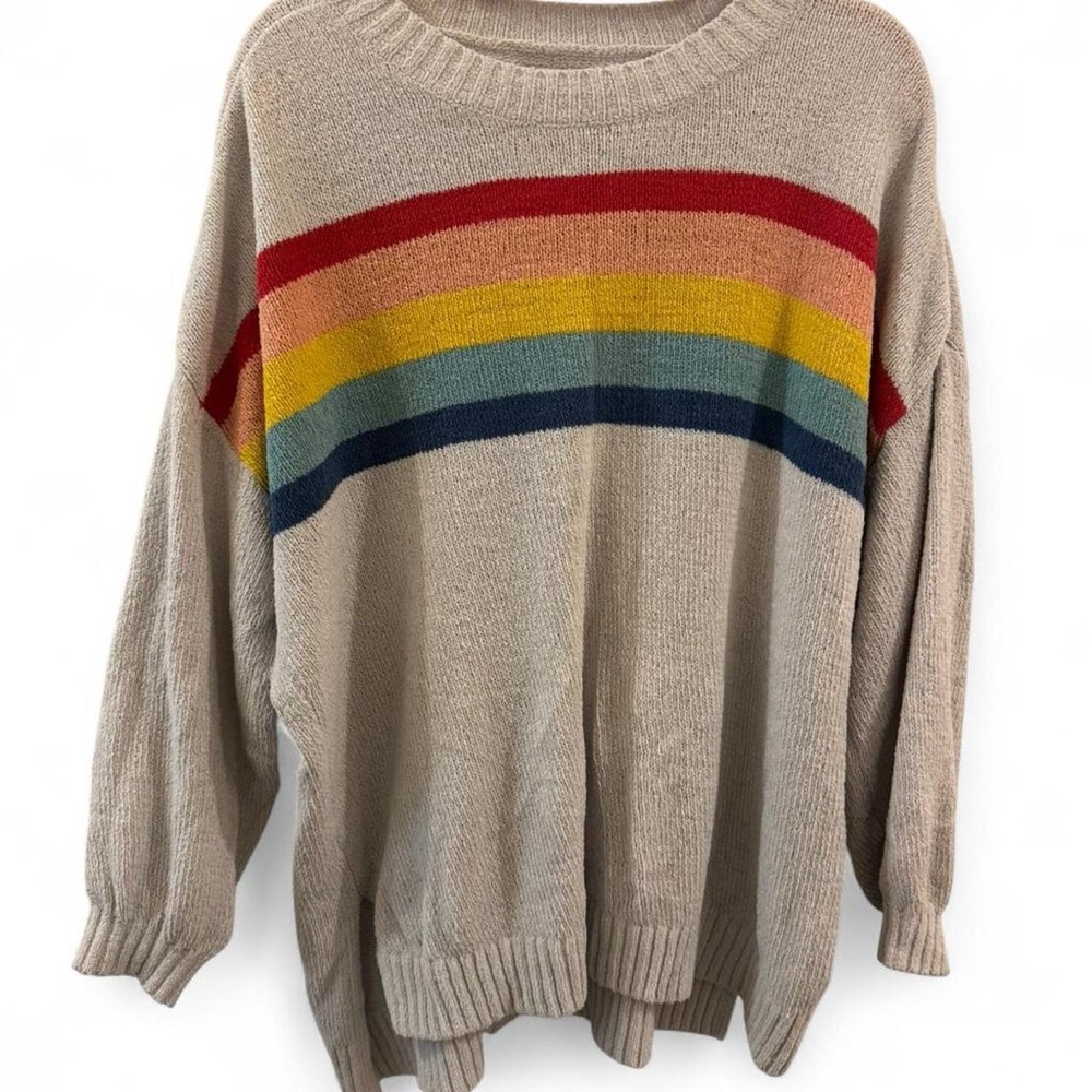 American Eagle Outfitters Beige Sweater with Rainbow Stripes